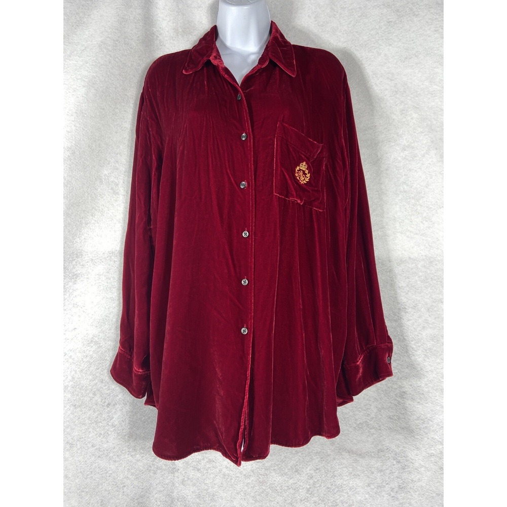 Vintage Lauren Ralph Lauren Sleep Shirt Womens L Red Button Up Velour Crest Logo